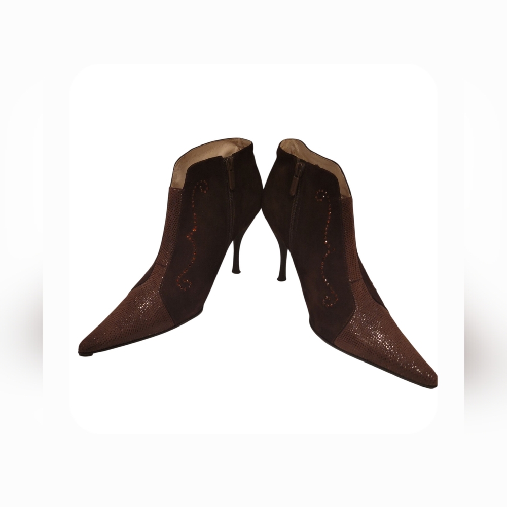 CLoTILDe Brown Suede /Snake skin Textured High Heel Ankle Boots Crystals US 9
